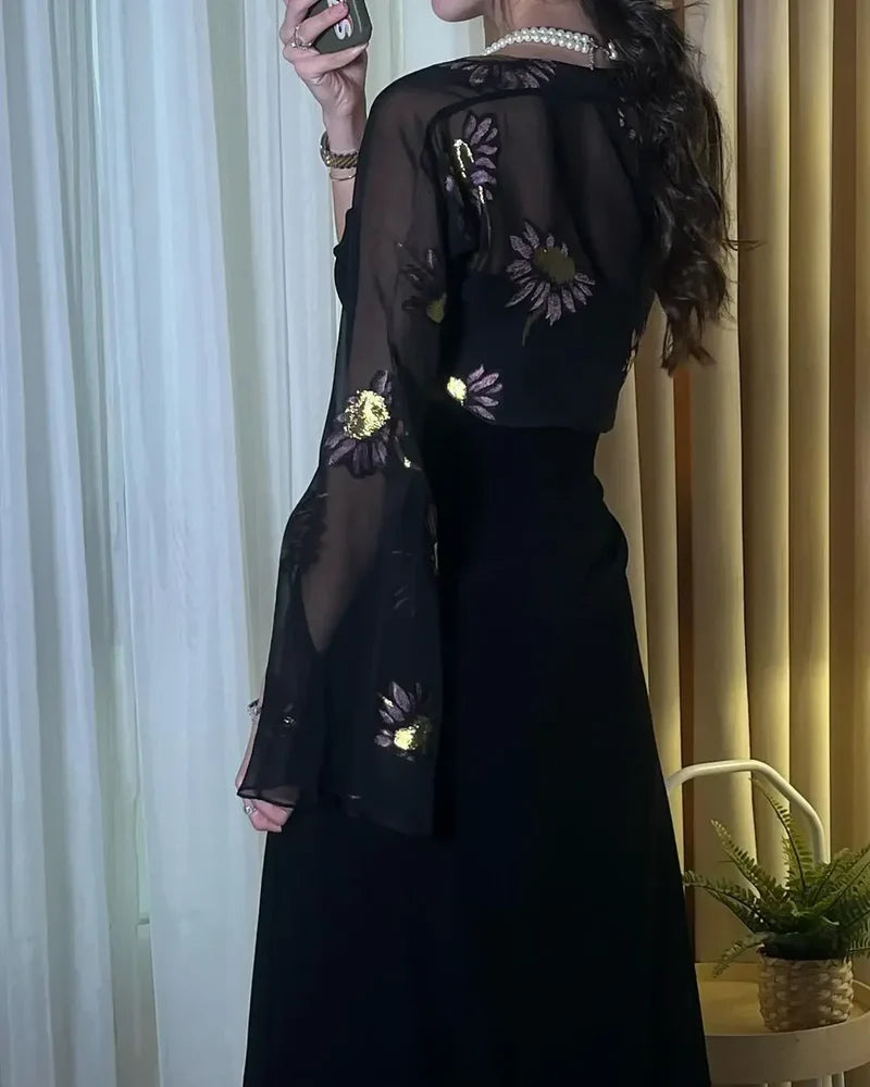 Black Chiffon Party Dresses Printed Long Sleeves Jackets Wedding Guest Dress for Women Special