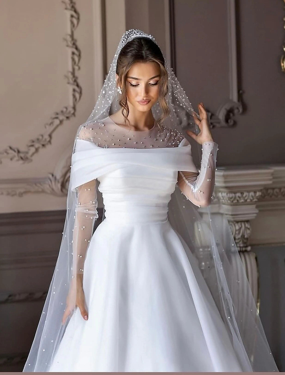 Simple  A-Line Illusion Neck Long Sleeve Wedding Dresses Formal Wedding Dresses Floor Length Tulle Bridal Gowns