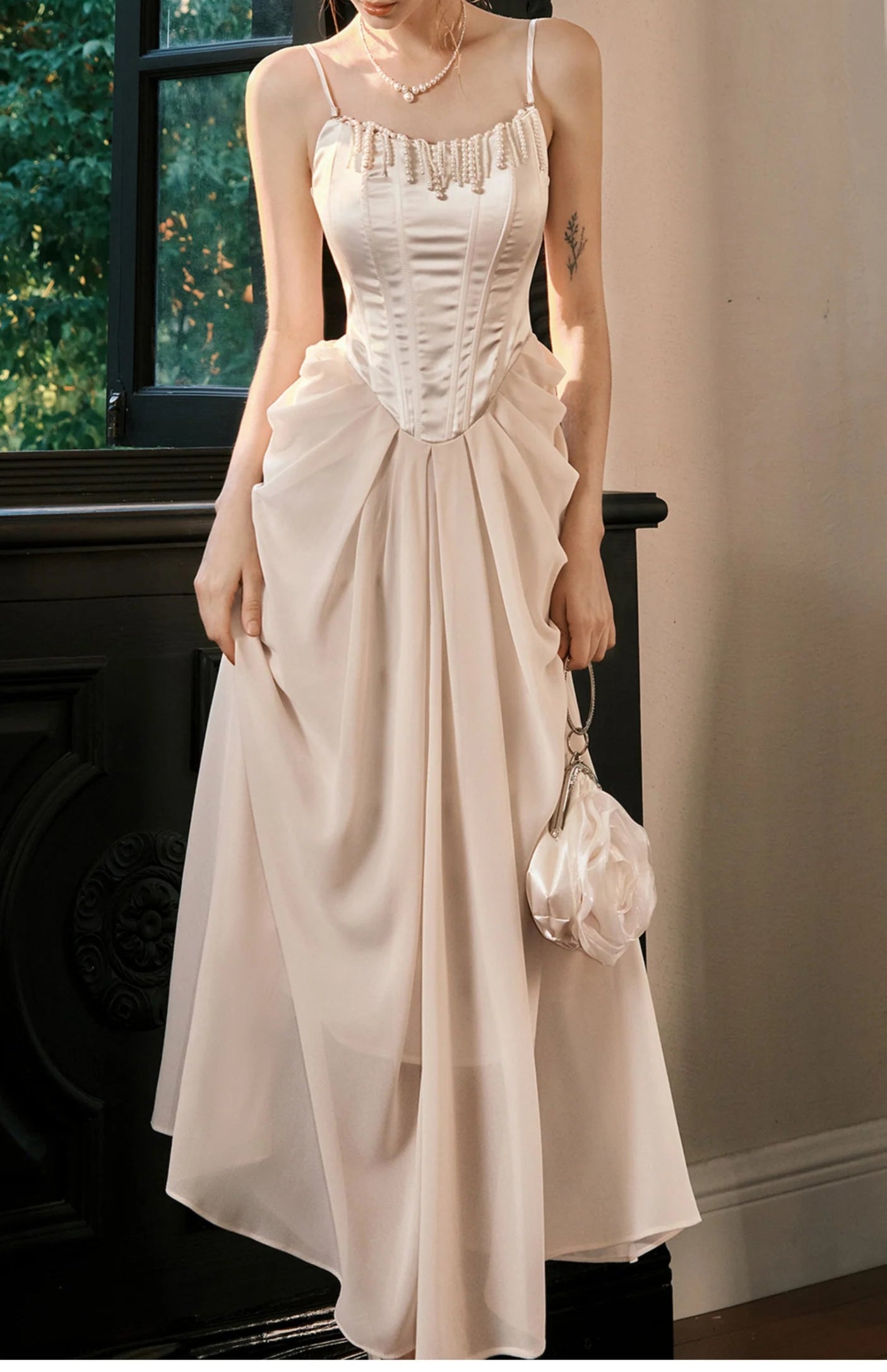 Pearl Pendant Spaghetti Straps Party Dress Satin Light Champagne French Chiffon Birthday Dress