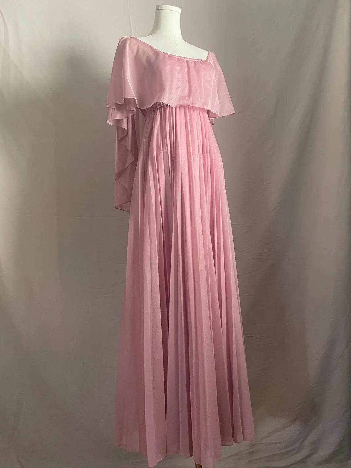 Pink Chiffon 70s Dress Vintage Formal maxi disco pleated Unique design Prom Dress