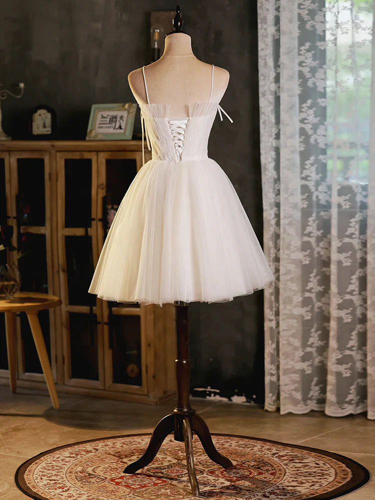 A-Line Beige Tulle Short Prom Dress, Retract Your Waist Homecoming Dress