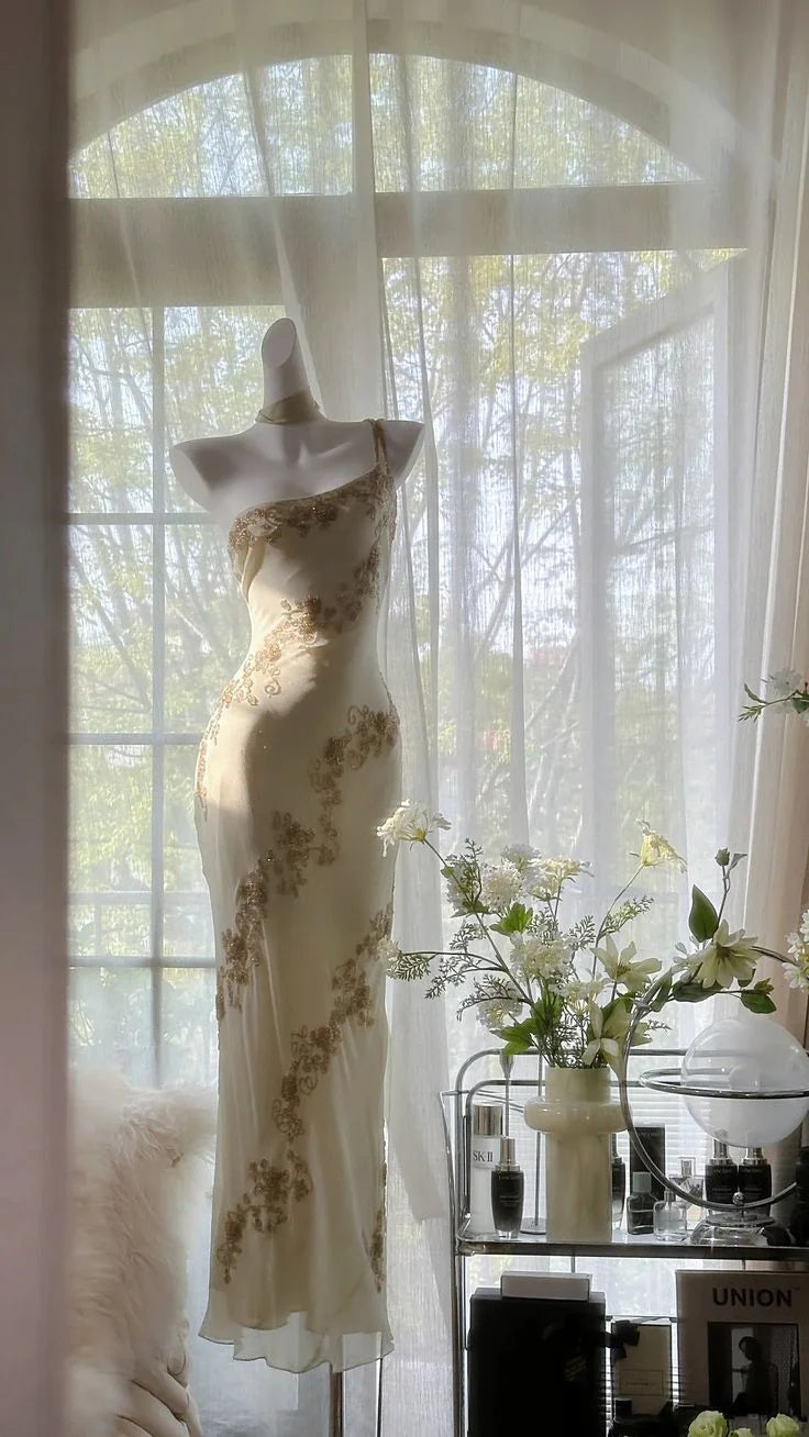 One Shoulder Beaded Chiffon Long Party Dress Elegant Sheath Evening Dress