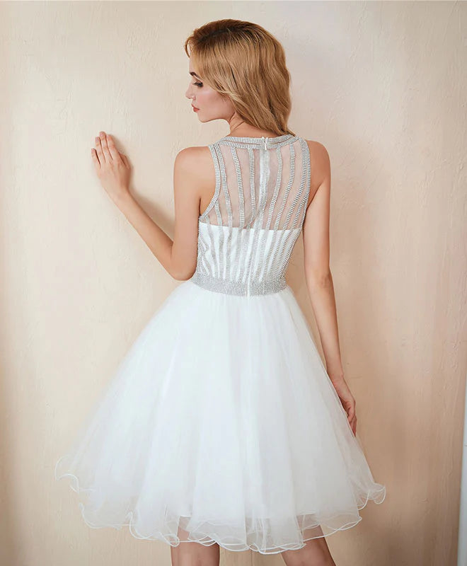 White Tulle Short Prom Dress, Retract Your Waist Homecoming Dress
