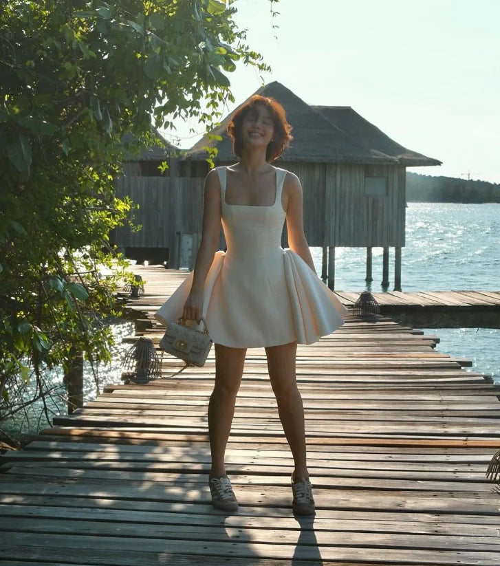 Straps Ivory Satin Short Homecoming Dress Simple A Line Birthday Dress