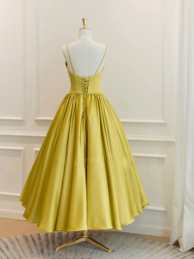 Simple Spaghetti Strap Bow Yellow Satin Tea Length Homecoming Dress