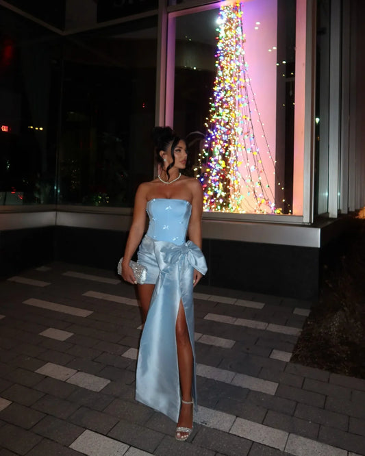 Strapless Bodycon Satin Short Party Dresses Glam Blue Homecoming Dress with Bow