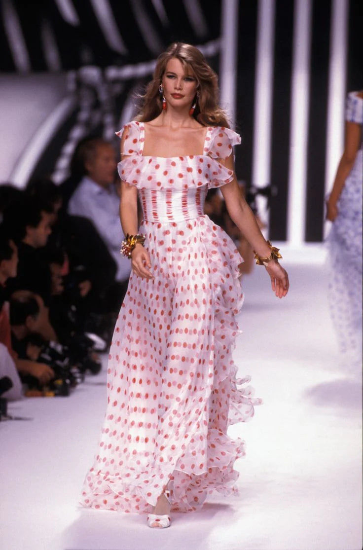 Red Polka Dots A Line Straps Ruffle Chiffon Long Party Dress