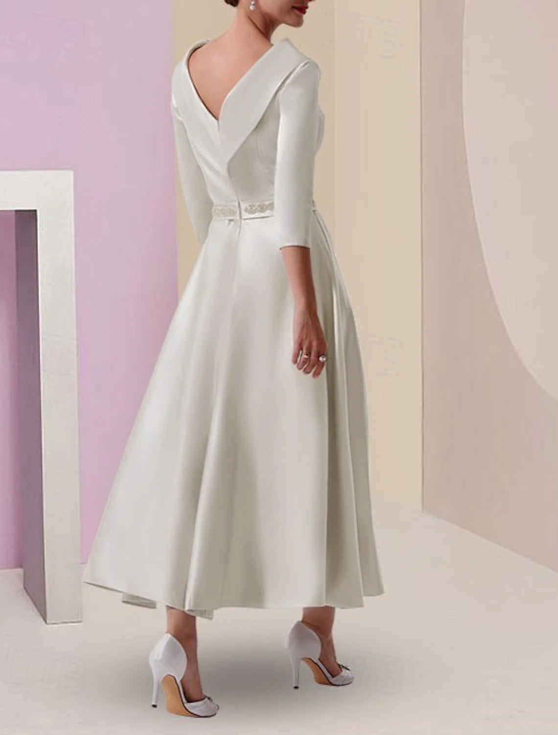 A-Line Dress Mother of the Bride Dress Elegant Vintage Bateau Neck Tea Length Satin 3/4 Length Sleeve with Beading Derby Dress Race Day Dress