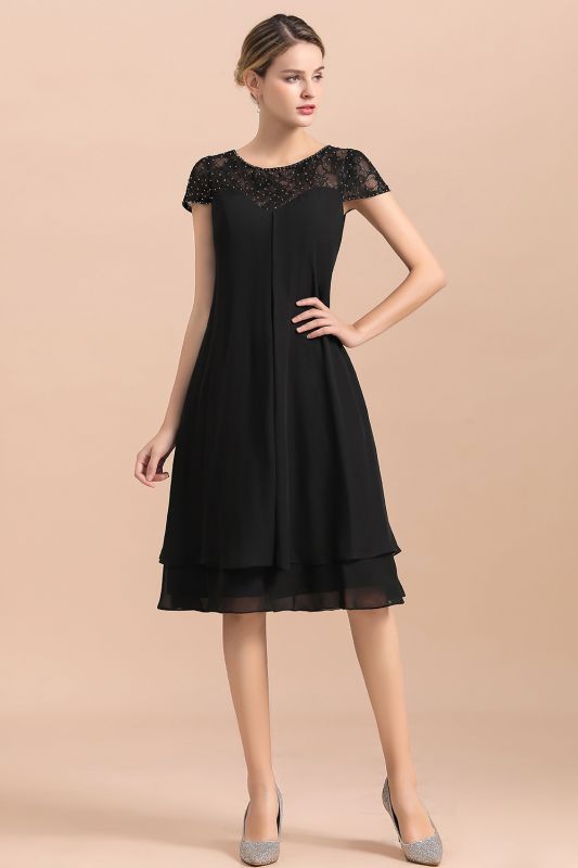 Black Chiffon Mother of Bride Dress Short Wedding Guest Dresses with Beadings Cap Sleeve