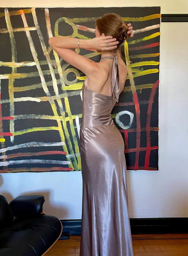 Simple A Line Halter Brown Satin Open Back Long Prom Dress