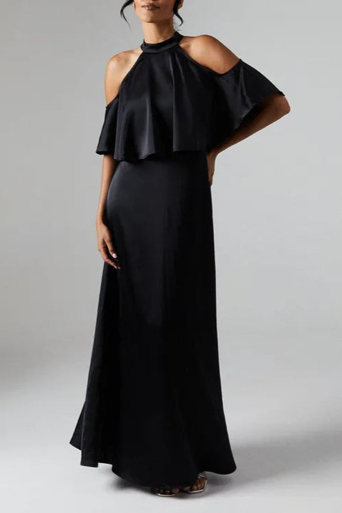 Debut London by Coast Halterneck Cold Shoulder Satin Bridesmaids Maxi Dress