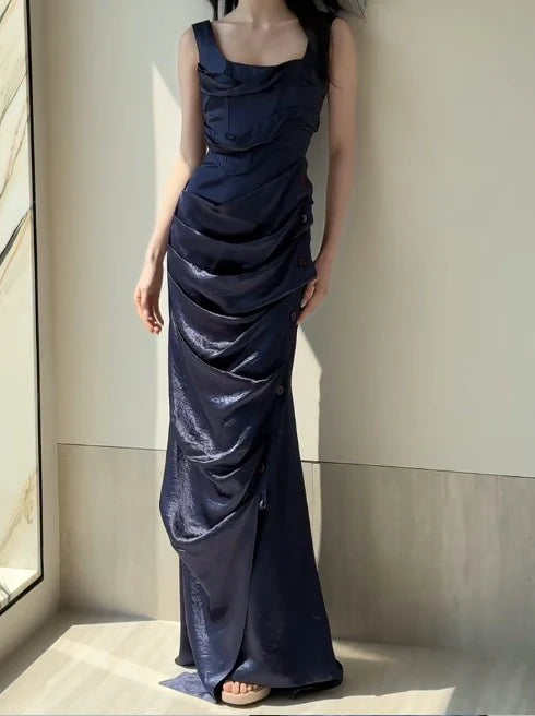 Square Neck Satin Pleated Party Dress Glam Navy Blue Cocktail Dress