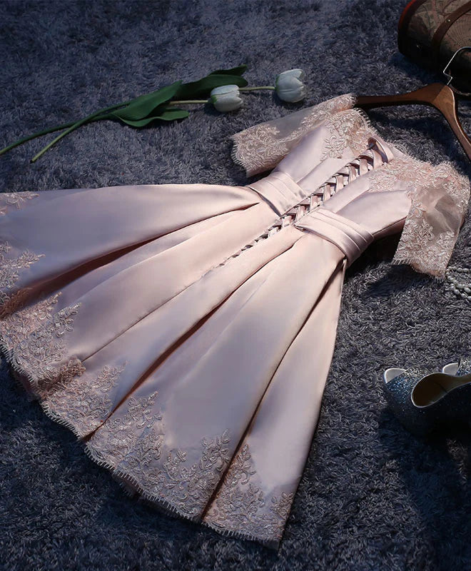 Pink A Line Satin Lace Short Prom Dress, Full of charm Homecoming Dress