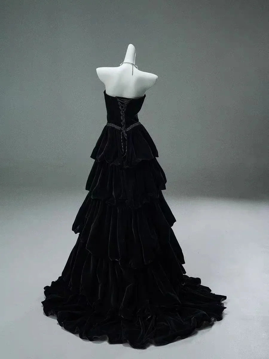 Tiered Black Velvet Long Prom Dress A Line Strapless Evening Dress