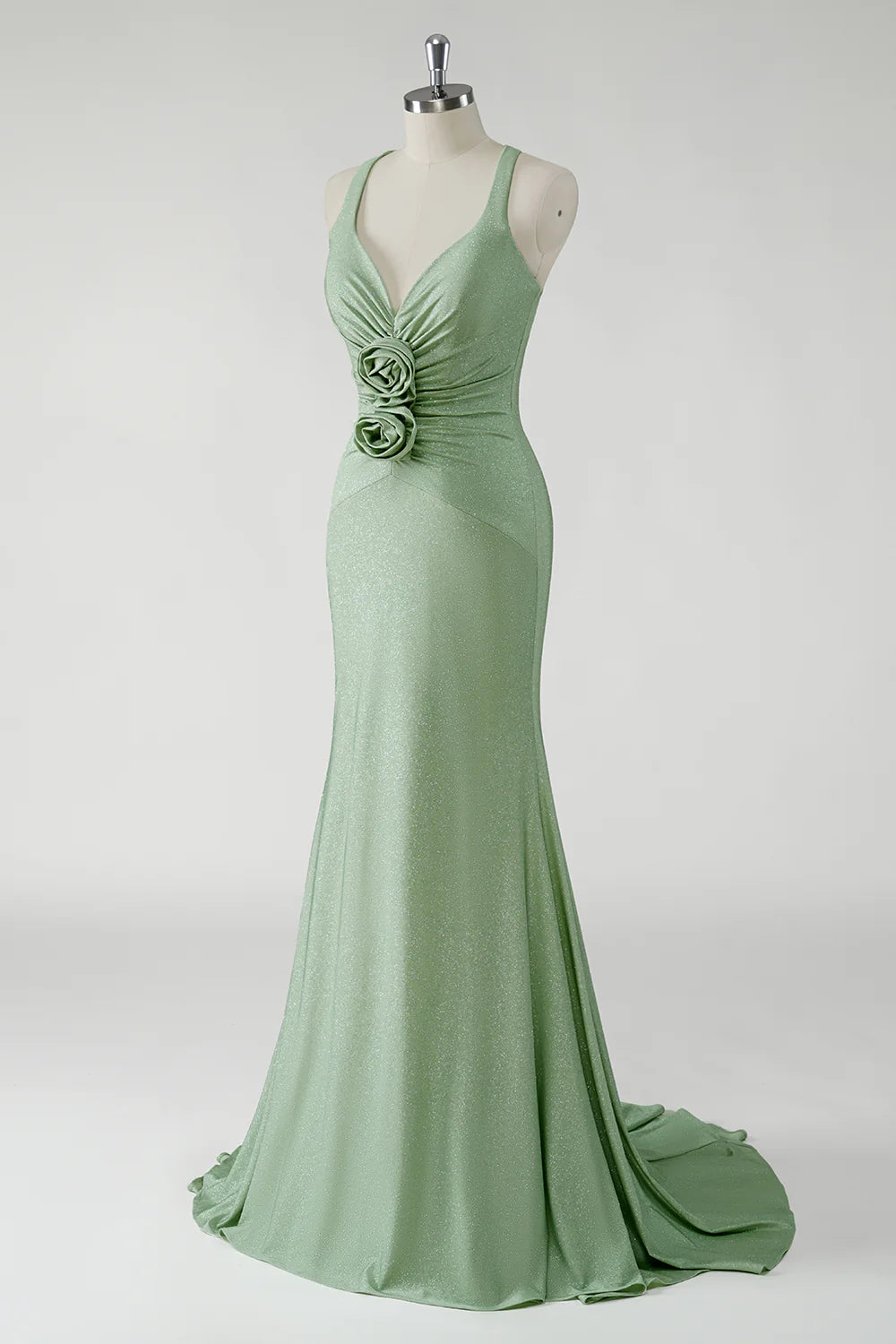 Sparkly Green Mermaid Long Slim-fit Prom Dress With 3D Flowers