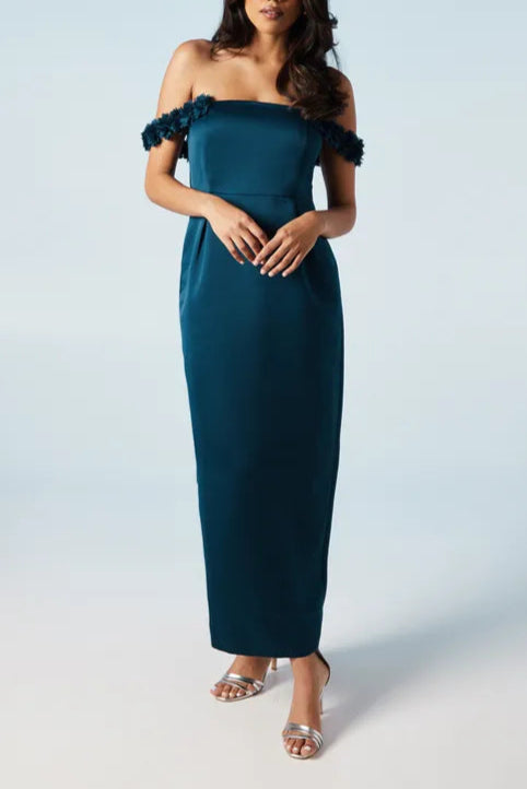 Floral Bardot Exquisite tailoring Elegant and gentle Satin Off Shoulder Bridesmaid Dress
