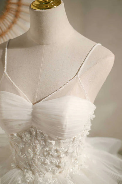 Multi-Tiered Tulle Princess-seamed Bodice Lace-up Back White V-Neck Short Party Dress