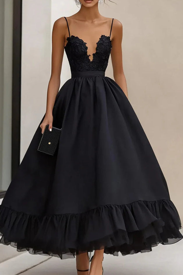 Black Spaghetti Straps A Line Retract Your Waist Formal Party Dress