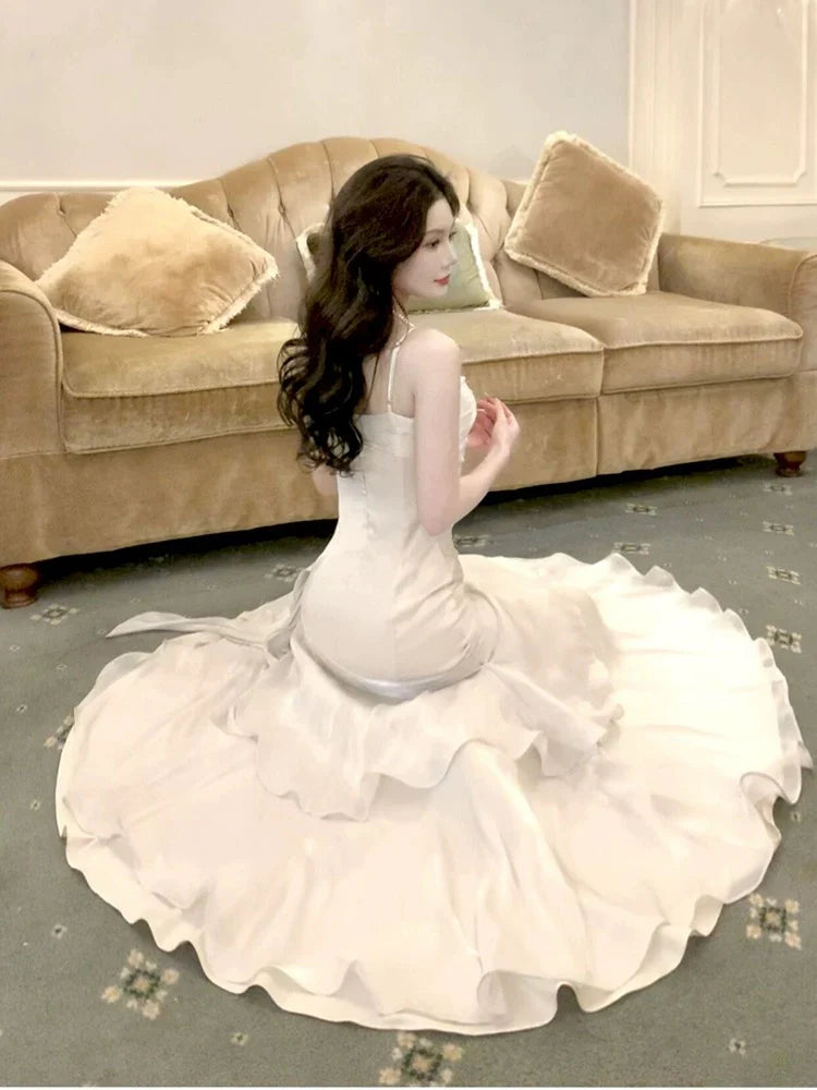 Tailored and unique slim shoulder strap pleated sleeveless evening gown