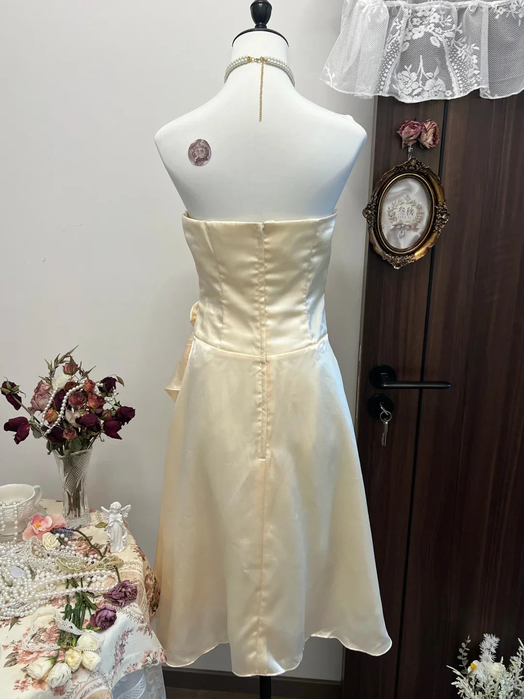 Simple A Line Strapless Flower Champagne Satin Short  Off Shoulder Homecoming Dress