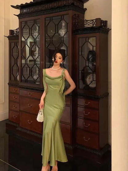 Classy Mermaid Straps Green Satin Long Evening Dresses Birthday Outfits