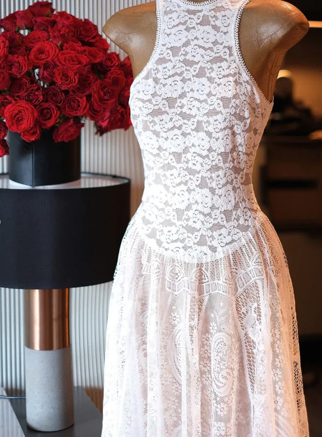 A Line Round Neck Lace Long Prom Dress Elegant White Evening Dress