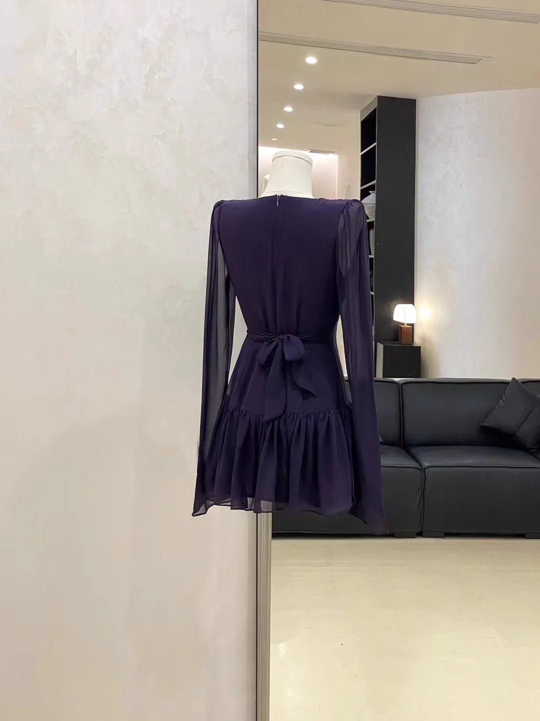 Cute A line V Neckline Ruffled Grape Short Long Sleeve Women Party Dresses