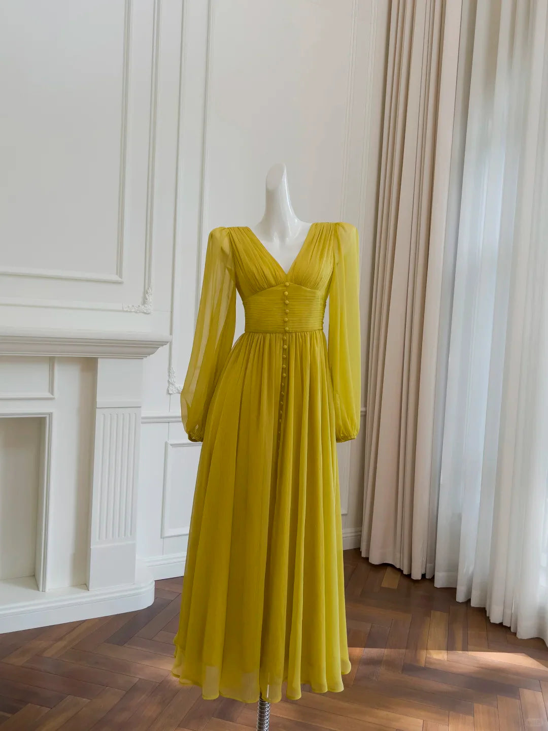 Yellow A Line Long Sleeve Emerald Retract Your Waist Prom Dress