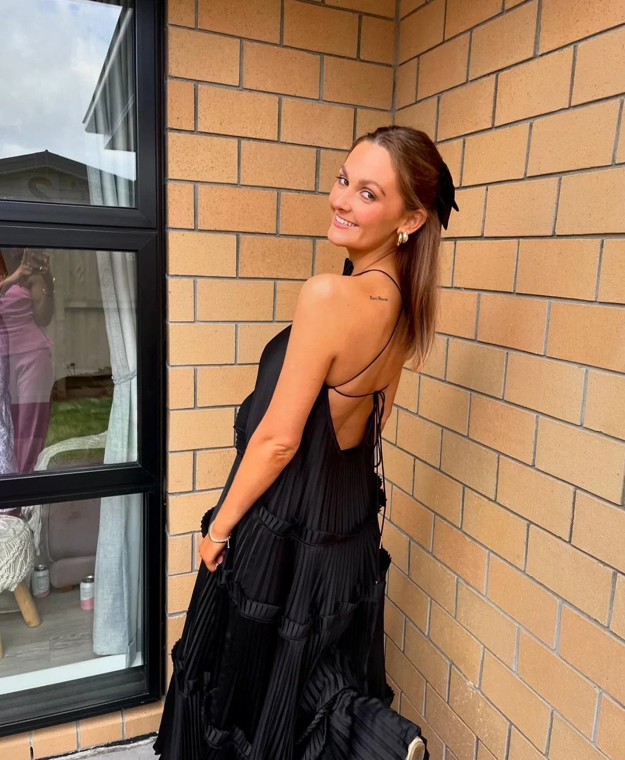 Sexy A Line Halter Black Satin Open Back Prom Dress Unique design Evening Dress