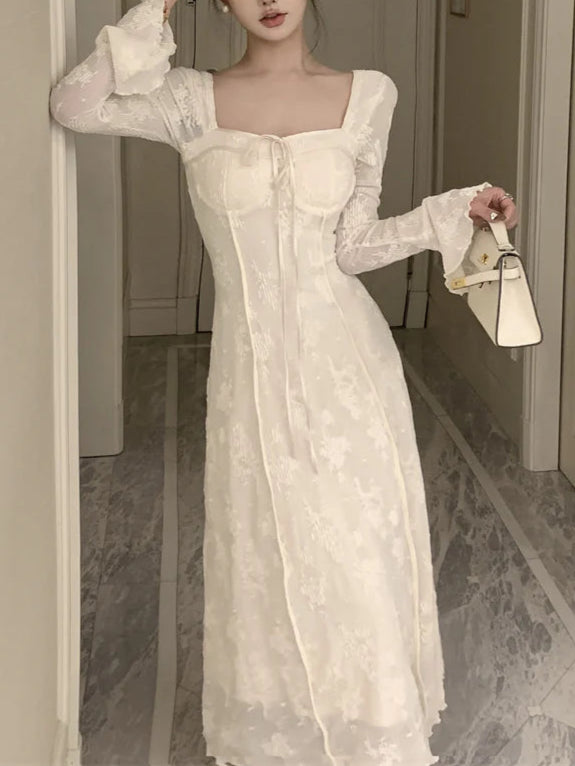 French elegant bow A-line long retract your waist white party dress