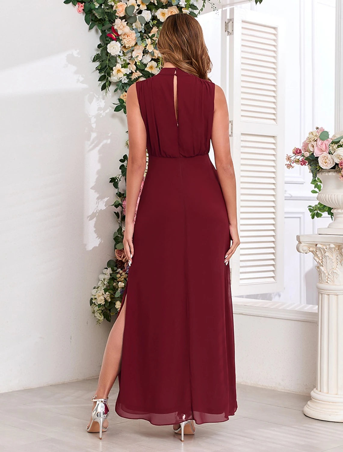 A-Line Evening Gown Floor Length Elegant Dress Wedding Reception Sleeveless High Neck Bridesmaid Dress Chiffon with Slit
