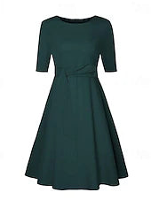 Women's Tie Front Belted Crew Neck Midi Dress Wedding Guest Cocktail Party Dress