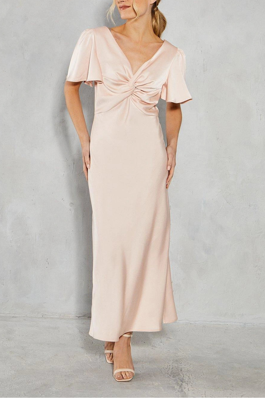 Satin  Retract Your Waist Twist Front Angel Sleeve Midi Bridesmaids Dress