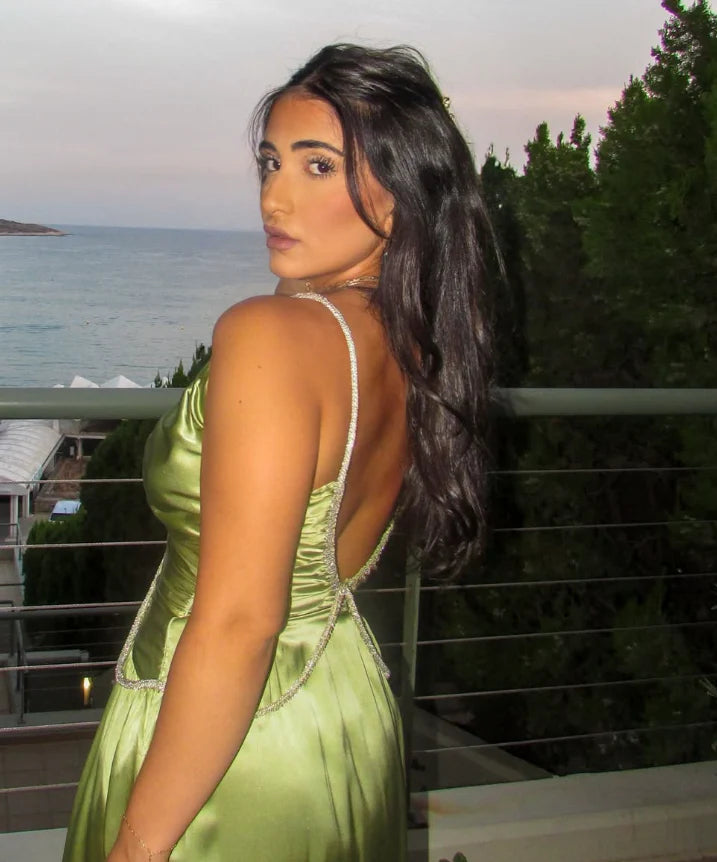 Sexy A Line V Neck Beaded Green Satin Open Back Long Party Dress