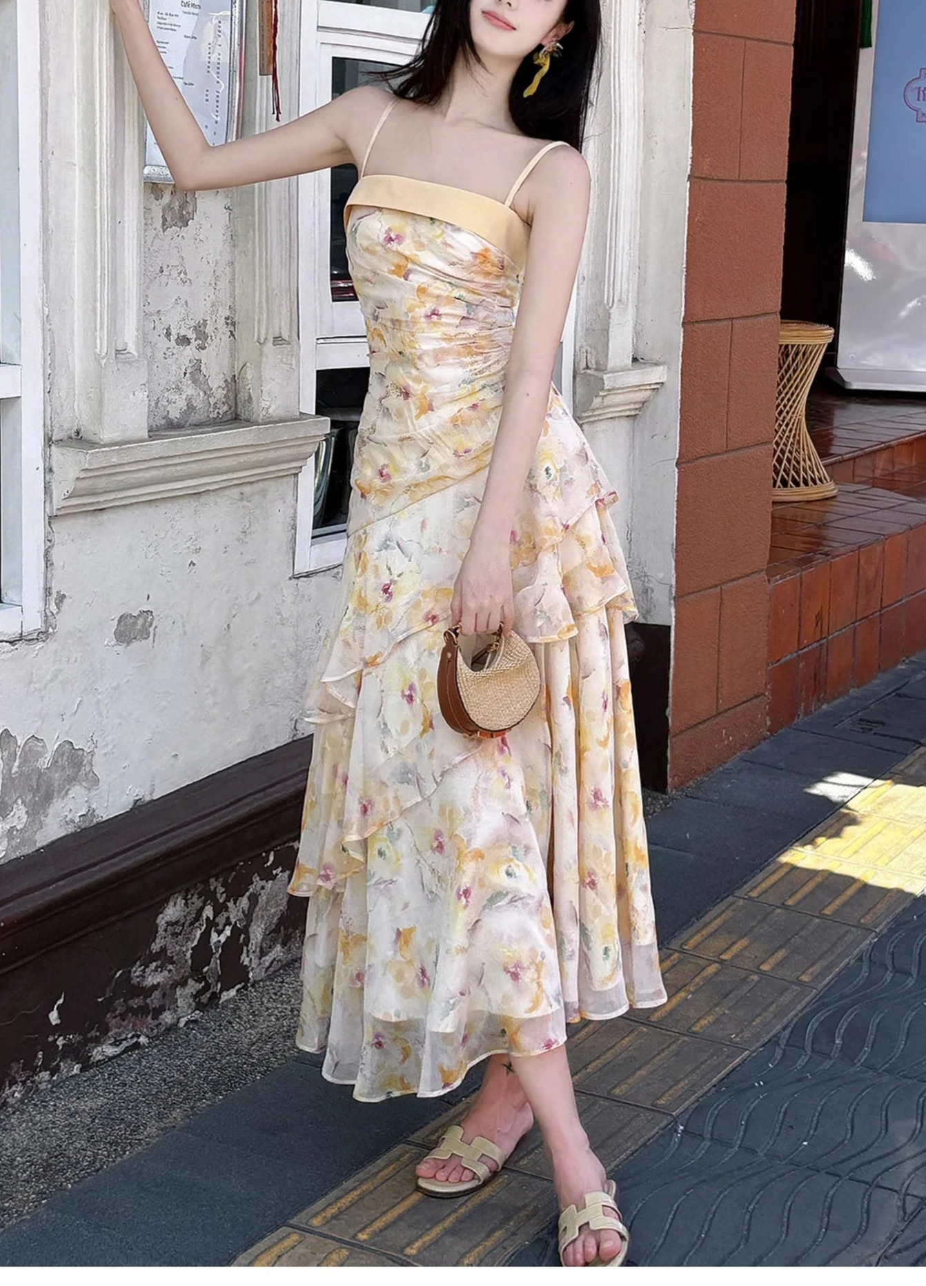 Sweet French Ruffle Print Spaghetti Strap Fashion Mermaid Party Dress