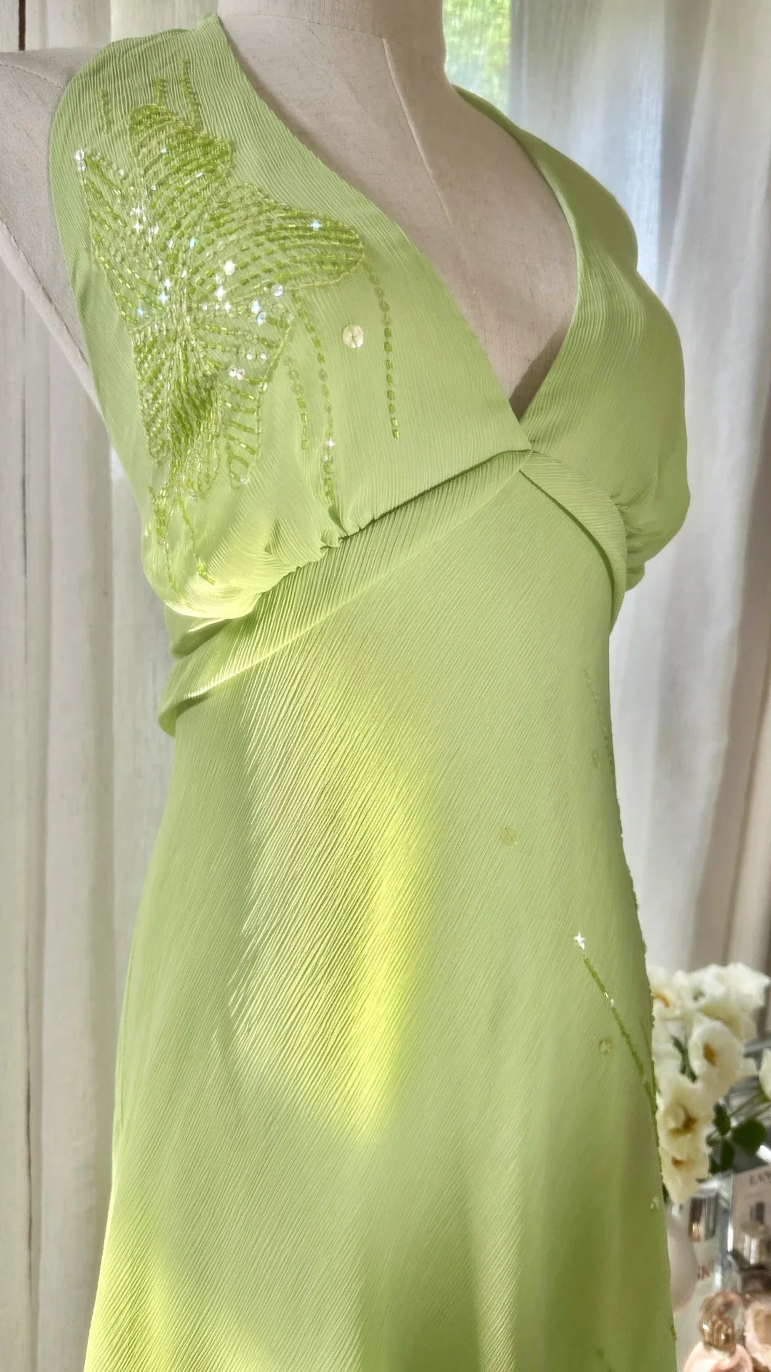 Gentle A Line Halter Beaded Green Chiffon Open Back Party Dress