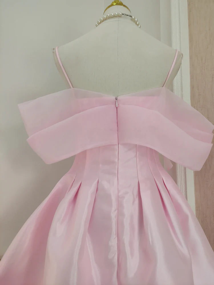 Pink A-line off-the-shoulder tulle satin short prom dress, Full of charm homecoming dress