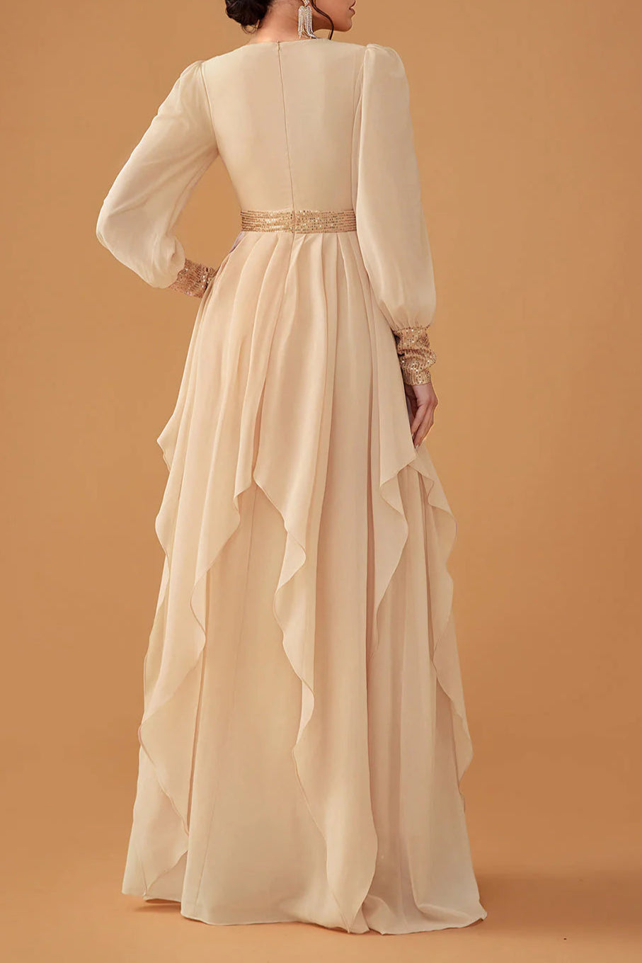 Unique design Champagne Ruffles A Line Long Prom Dress With Long Sleeves