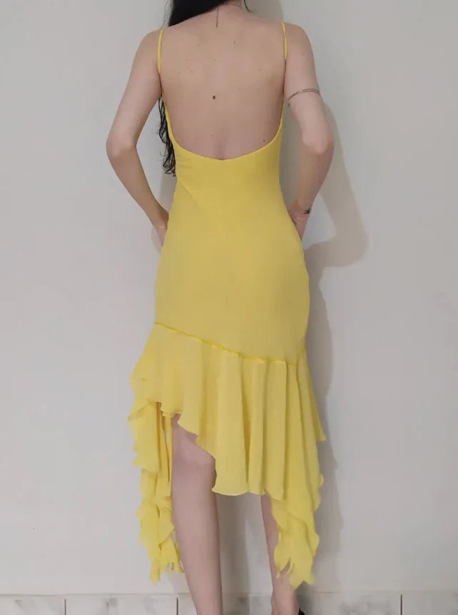Cute Sheath Spaghetti Strap Beaded Yellow Ruffle Chiffon Prom Dress