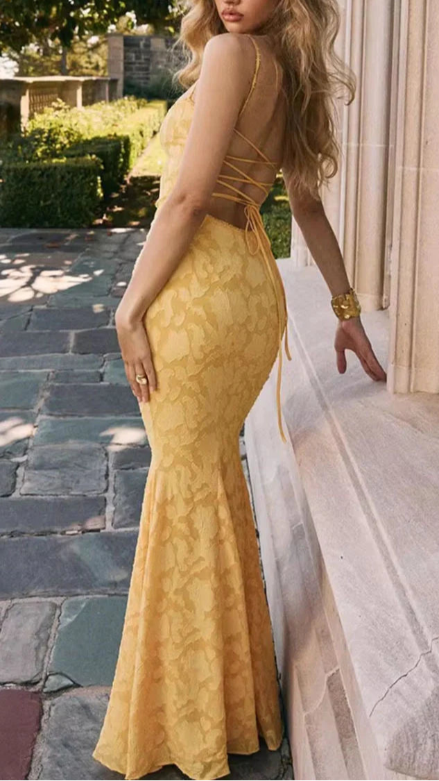 Mermaid Spaghetti Straps Prom Dresses Lace Applique Open Back Elegant Yellow Evening Dress