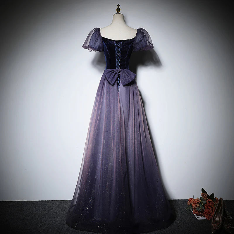 Starry sky colored back strap Tulle Short Sleeve A-line bridesmaid dress