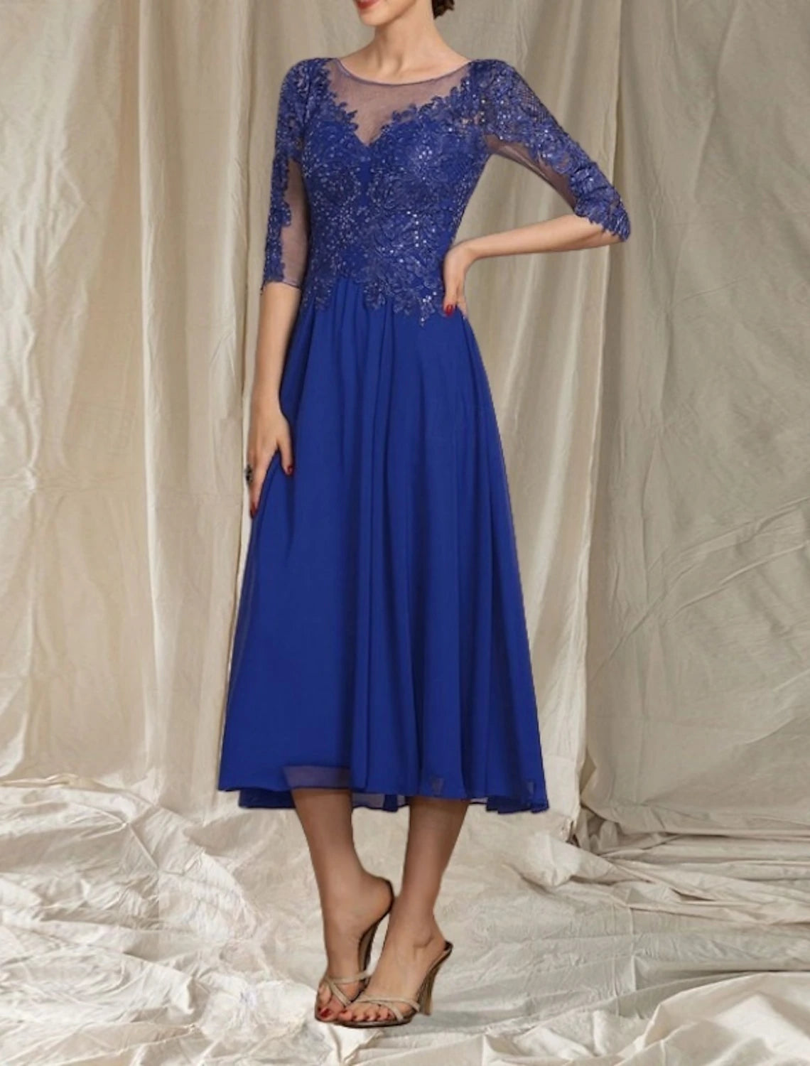 A-Line Mother of the Bride Dress Wedding Guest Elegant Crew Neck Tea Length Chiffon Tulle Half Sleeve with Beading Appliques Midi Dress