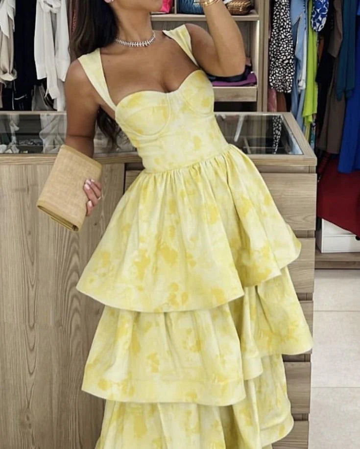 Yellow Dress Fashion Elegant Prom Dresses Vintage Princess Female Evening Party Dress