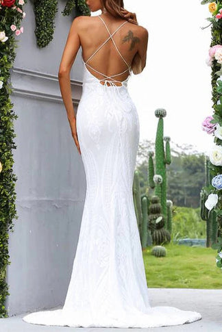 Exquisite tailoring White Jacquard V-Neck Backless Mermaid Long Evening Dress