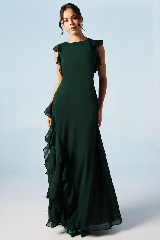 Ruffle And Button Detail Elegant and gentle Bridesmaids Maxi Dress