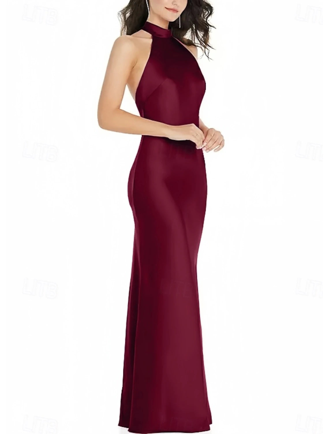 Trumpet Bridesmaid Dress Halter Neck Elegant Floor Short Sleeve Length Satin with Bow