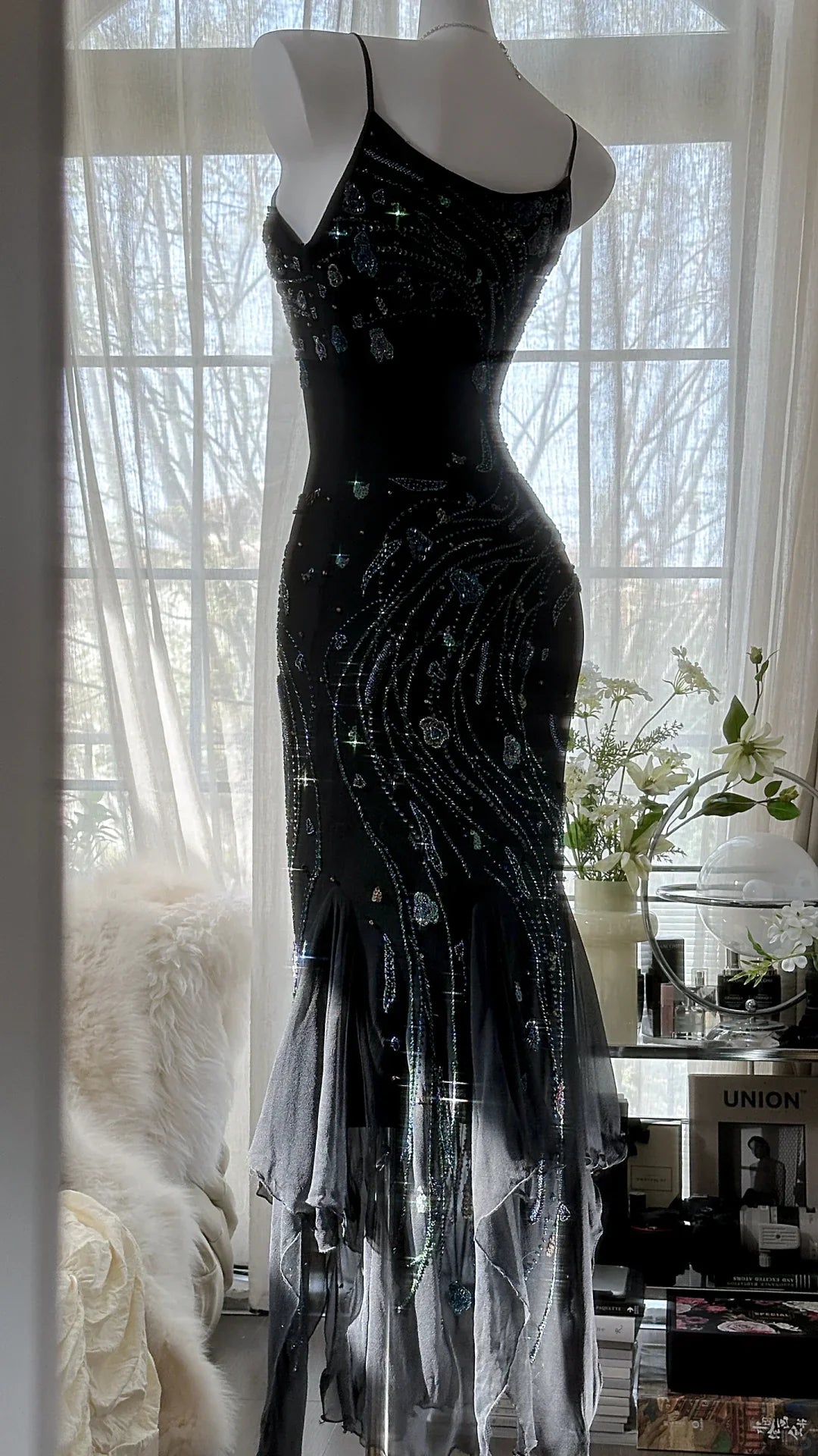 Gorgeous Mermaid Spaghetti Strap Beaded Black Chiffon Full of charm Party Dress