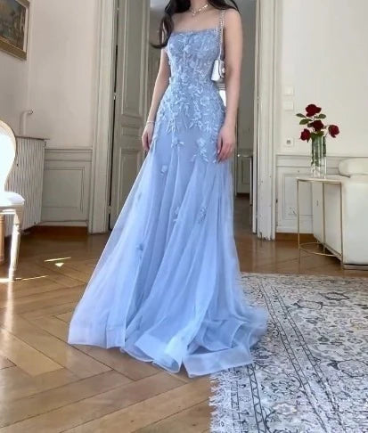 A-Line Spaghetti Strap Appliqué Long Prom Dress Elegant Blue Tulle Evening Dress