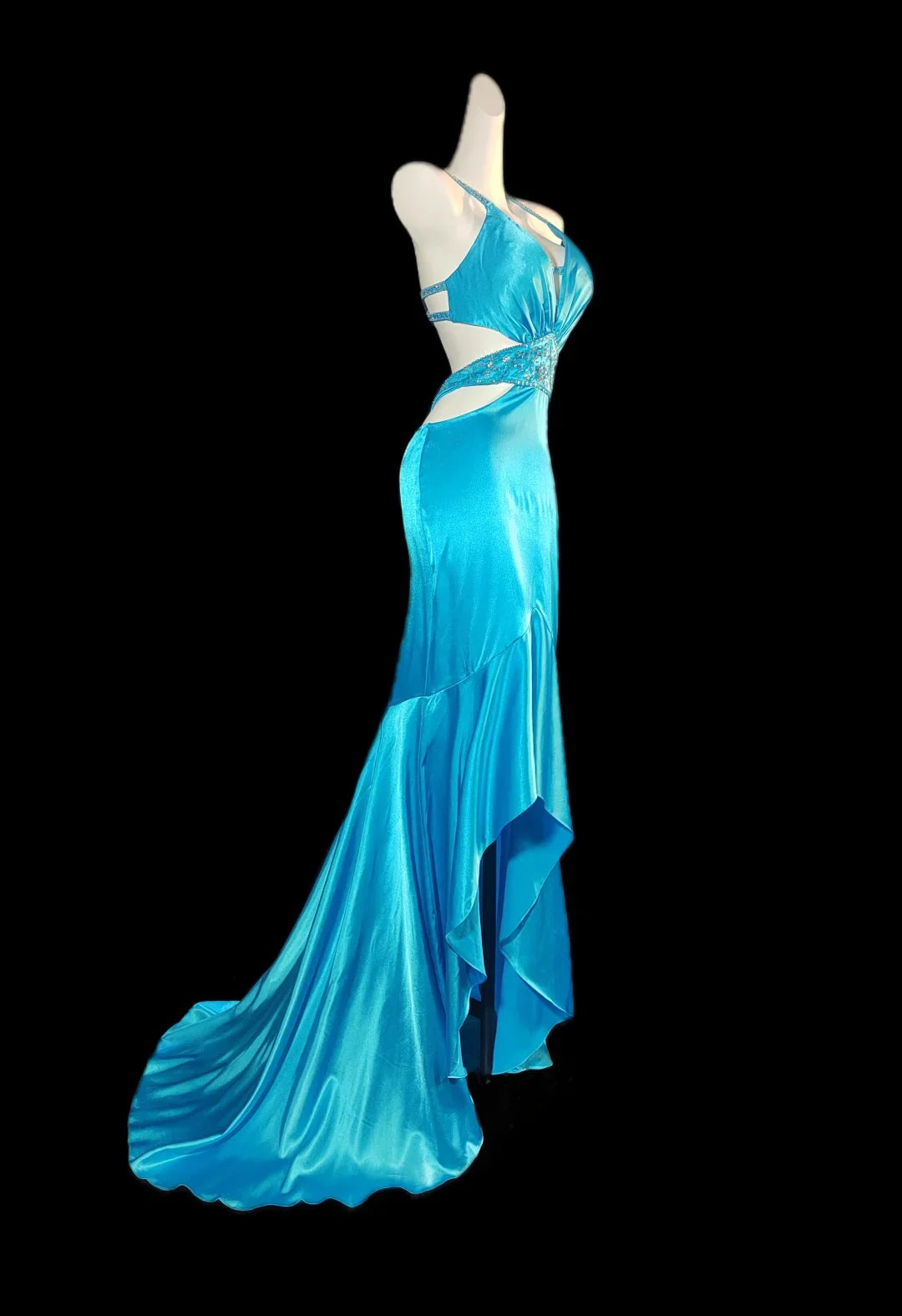 Hi-Lo Backless Satin Beaded Prom Dresses Elegant Vintage Blue Spaghetti Straps Evening Dress