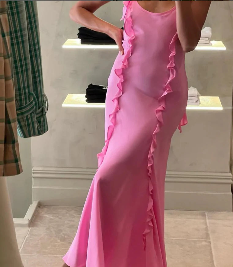 Cute Mermaid Straps Ruffle Pink Chiffon Prom Dress Graduation Party Dress